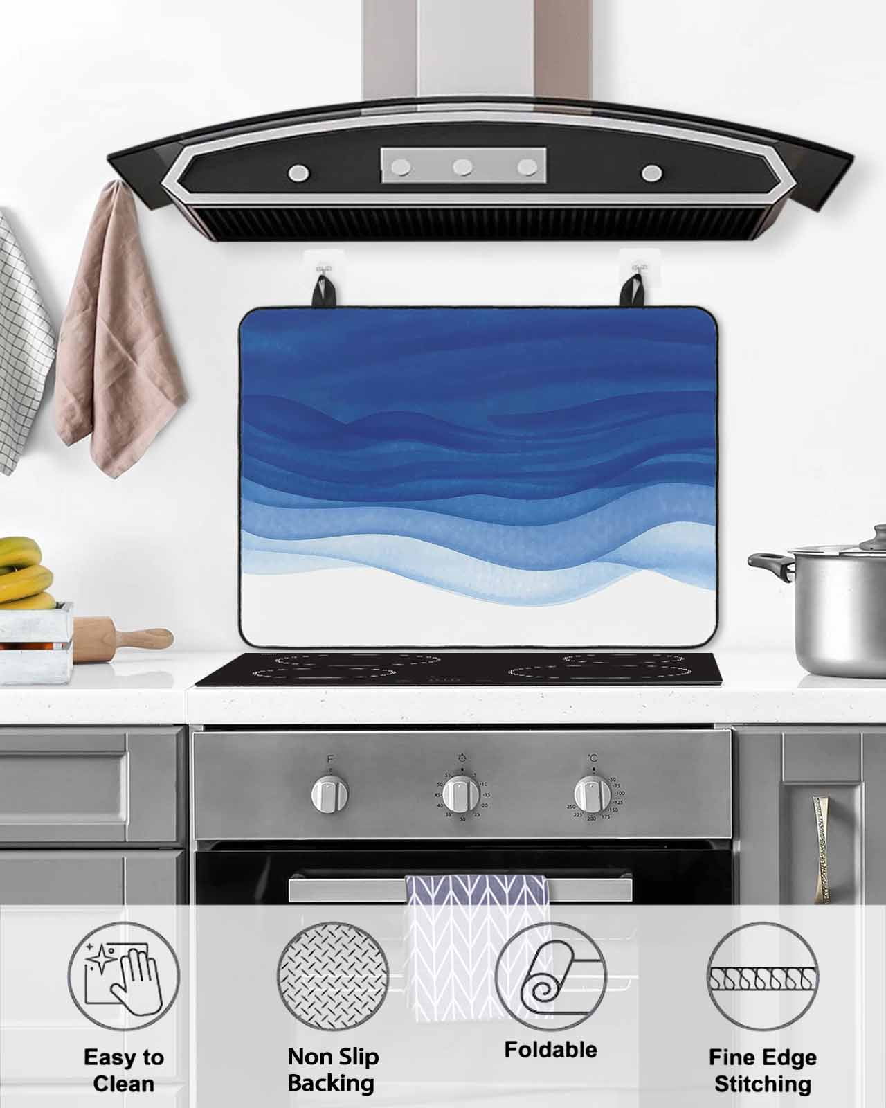 Large Induction Cooktop Protector Mat Ombre Blue Waves Stove Top Covers for Electric Stove, Abstract Art Gradient Modern Decorative Stove Burner Cover Mats, Glass Top Stove Cover