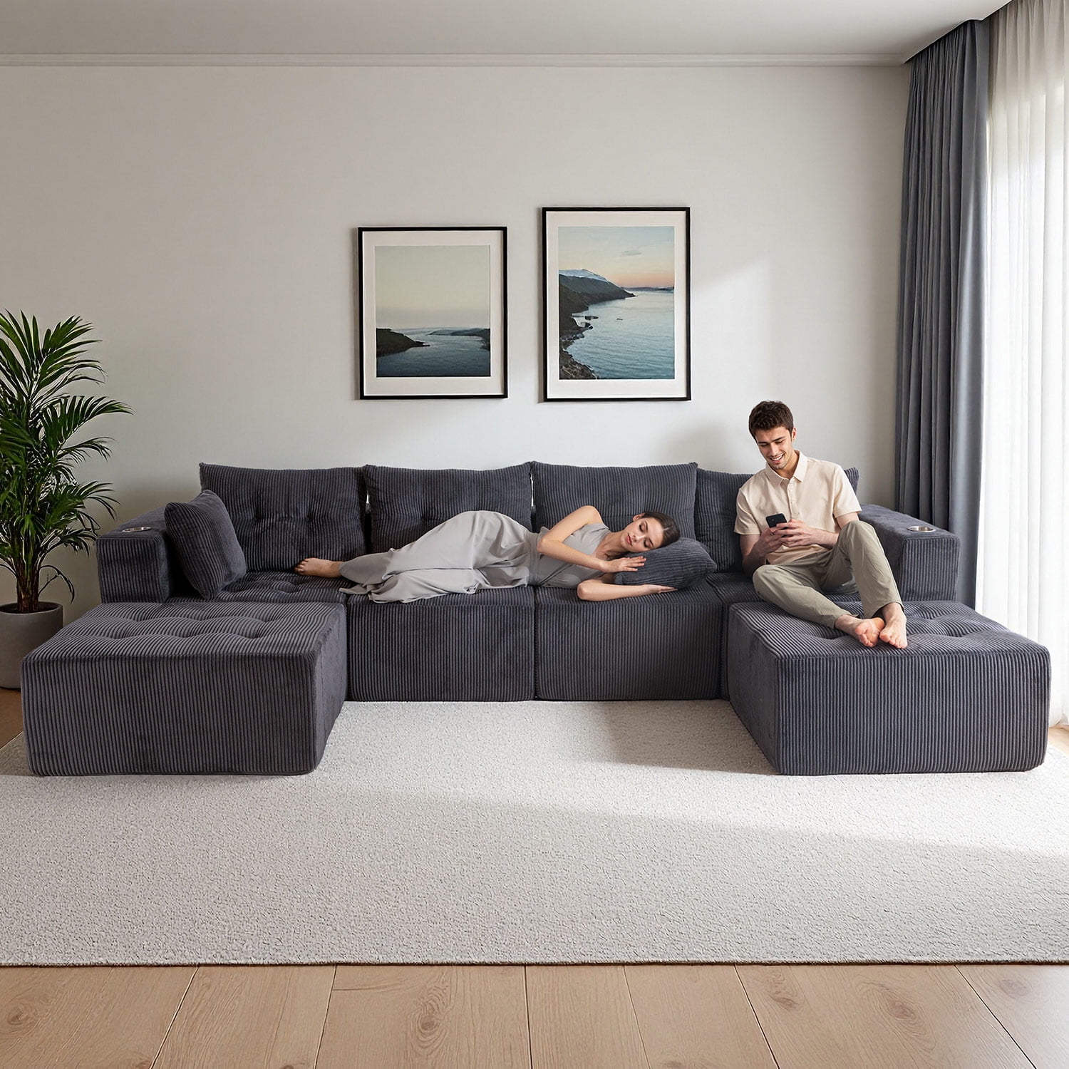 BYBYME 129"Oversized U Shaped Couch,6 Seat Sectional Corduroy Tufted Sofa,Upholstered Symmetrical Cloud Couch with Double Chaise,Wrap Around Sofa for Living Room Apartment Office,Sofa in A Box,Grey