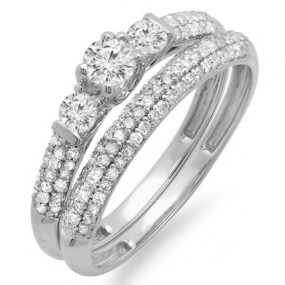 0.85 Carat (ctw) 14k White Gold Round Diamond 3 Stone Ladies Bridal Engagement Ring Wedding Band Set