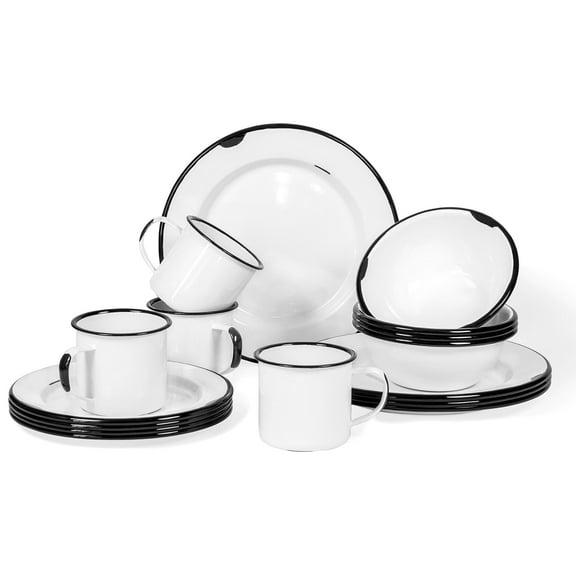 Red Co. 16-Piece Enamelware Metal Dinnerware Set for 4, Distressed White/Black Rim