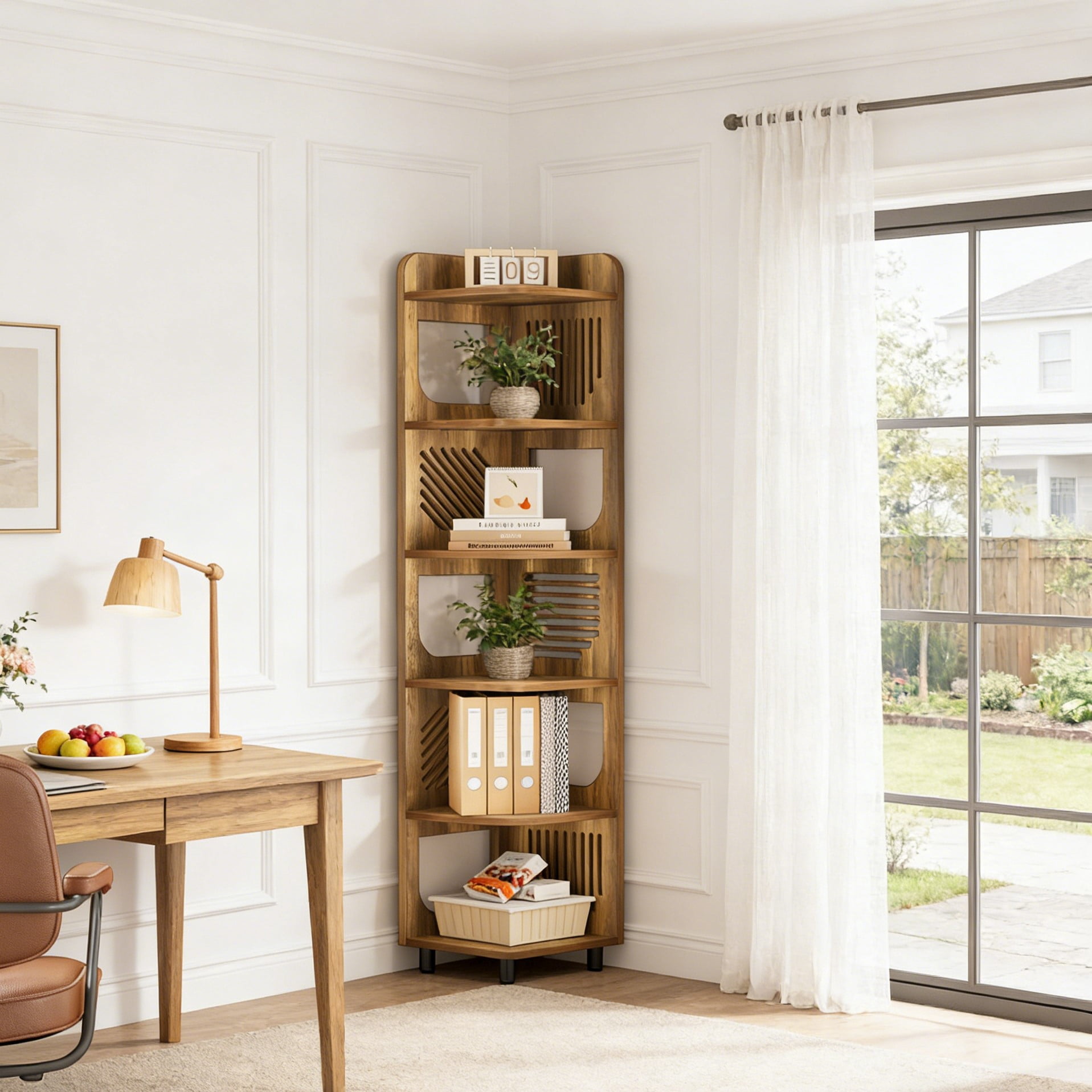 Fnova 71" 6-Tier Tall Corner Bookshelf, Rustic Wooden Narrow Corner Bookcase with Artistic Square Rack, Freestanding Display Storage Shelf for Space-Saving Home Organizing