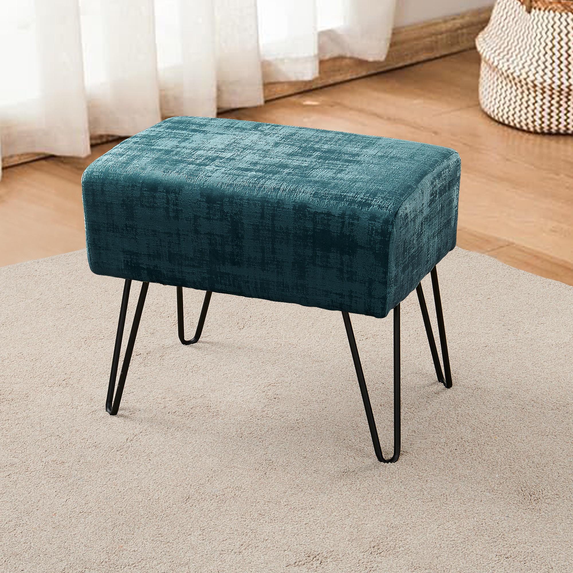 Home Soft Things Textured Velvet Ottoman Stool Chair, Upholstered Footrest with Black Metal Legs, Deep Teal, 19" x 13" x 17"