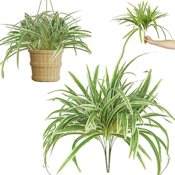Verdsylv Hanging Plants Artificial, Artificial Spider Plant, Large Faux Hanging Bush with Variegated Leaves for Indoor, Outdoor Planter, Patio, Porch, Home Garden Decor, Fake Spider Plant, Green