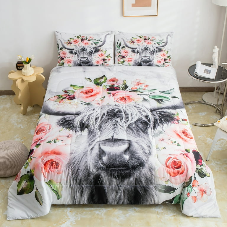 Highland Cow Flower Comforter Set Twin Size Bull Cattle Bedding