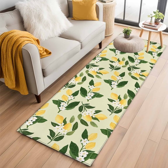 Lemons Leaves 2'x6' Runner Rugs for Hallway Kitchen Bedside Non Slip Washable, Summer Fruits Floral Botanical Yellow Entryway Rug Runners with Rubber Backing, Long Carpet Runner for Laundry Room