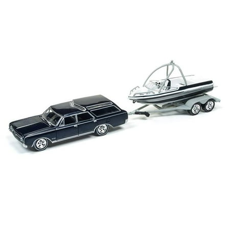 1964 Oldsmobile Vista Cruiser - 1964 Oldsmobile Vista Cruiser with Boat & Trailer Gone Fishing Diecast Model Car for 1-64 Scale, Midnight Mist Blue