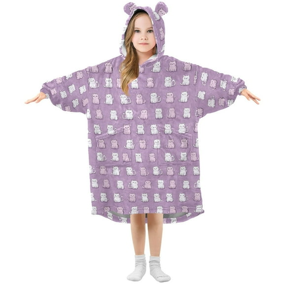 Wearable Blanket Hoodie for Kids Cute Cat Purple and White Flannel Hooded Blanket with Pockets and Sleeves Suitable for Boys and Girls