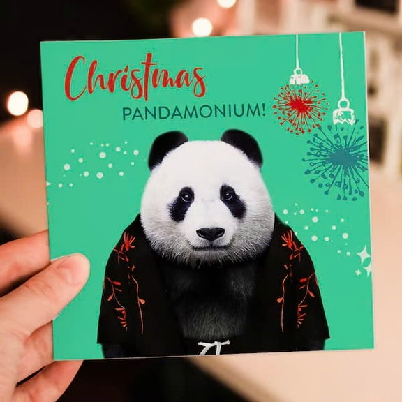 Christmas Pandamonium Card – Funny Panda Design – Festive Greeting for Holiday Cheer – Blank Inside, Includes Envelope, Perfect Card for Friends and Family