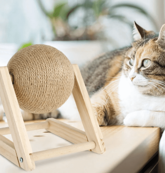 Cat Scratching Ball Natural Sisal Cat Scratcher Toy with Catnip Interactive Solid Wood Scratcher Ball Cat Scratch Post with Rotatable Ball for Indoor Cats and Kitten,C
