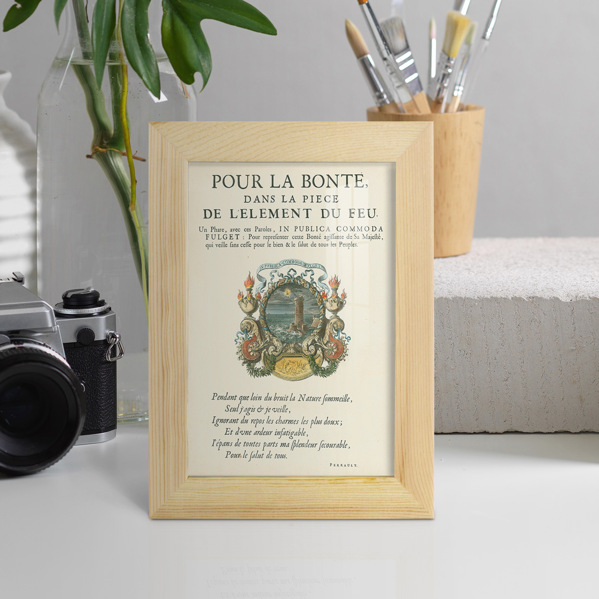 Printed Embellished Bookplate VIII - Framed Print w/glass - Natural Wood