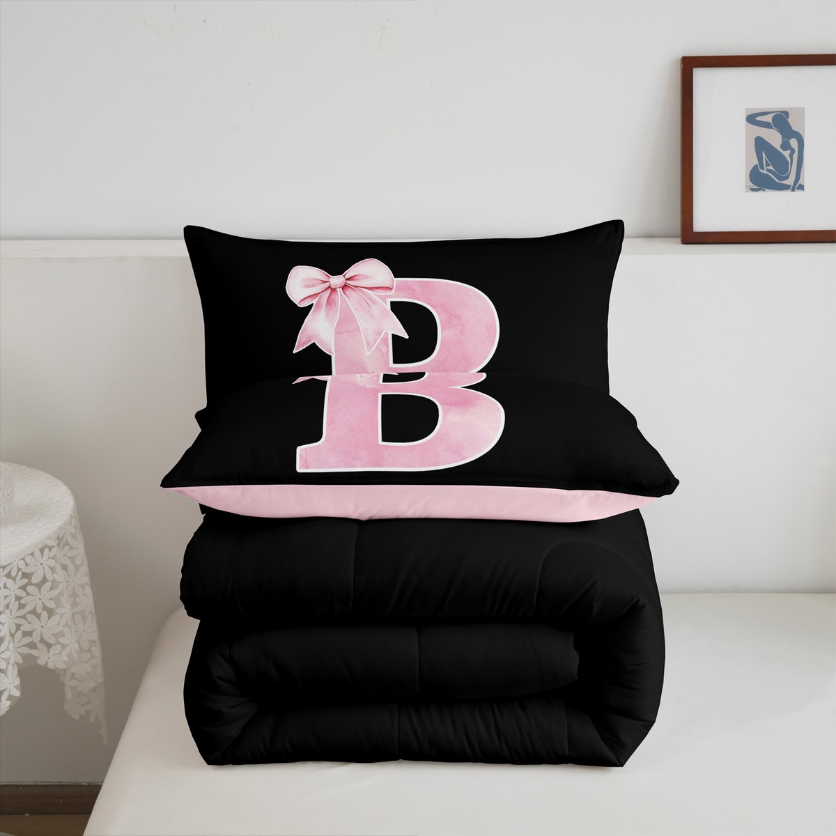 Manfei Personalized Initial B Bedding Comforter Set for Girls, Pink Bow Tie Twin Comforter Sets, Watercolor Monogrammed Bedding Set, Breathable Room Decor, Reversible 2pcs