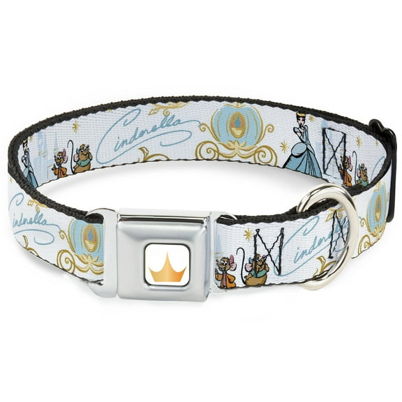 Disney Pet Collar, Dog Collar Metal Seatbelt Buckle, Cinderella Pumpkin Coach and Mice Pose with Script Blues, 9.5 to 13 Inches 1.0 Inch Wide