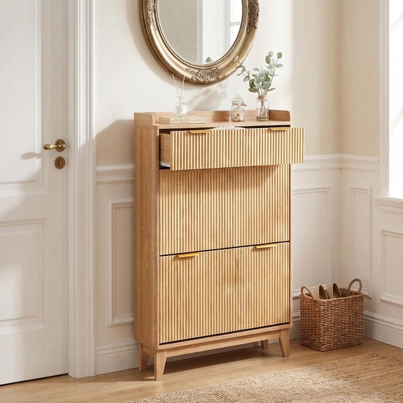 Narrow Fluted Shoe Cabinet for Entryway, Small Double Door Shoe Storage Organizer with Adjustable Shelves, Modern Slim Hallway Cabinet for Small Spaces, 2-Drawer Compact Shoe Rack for Home
