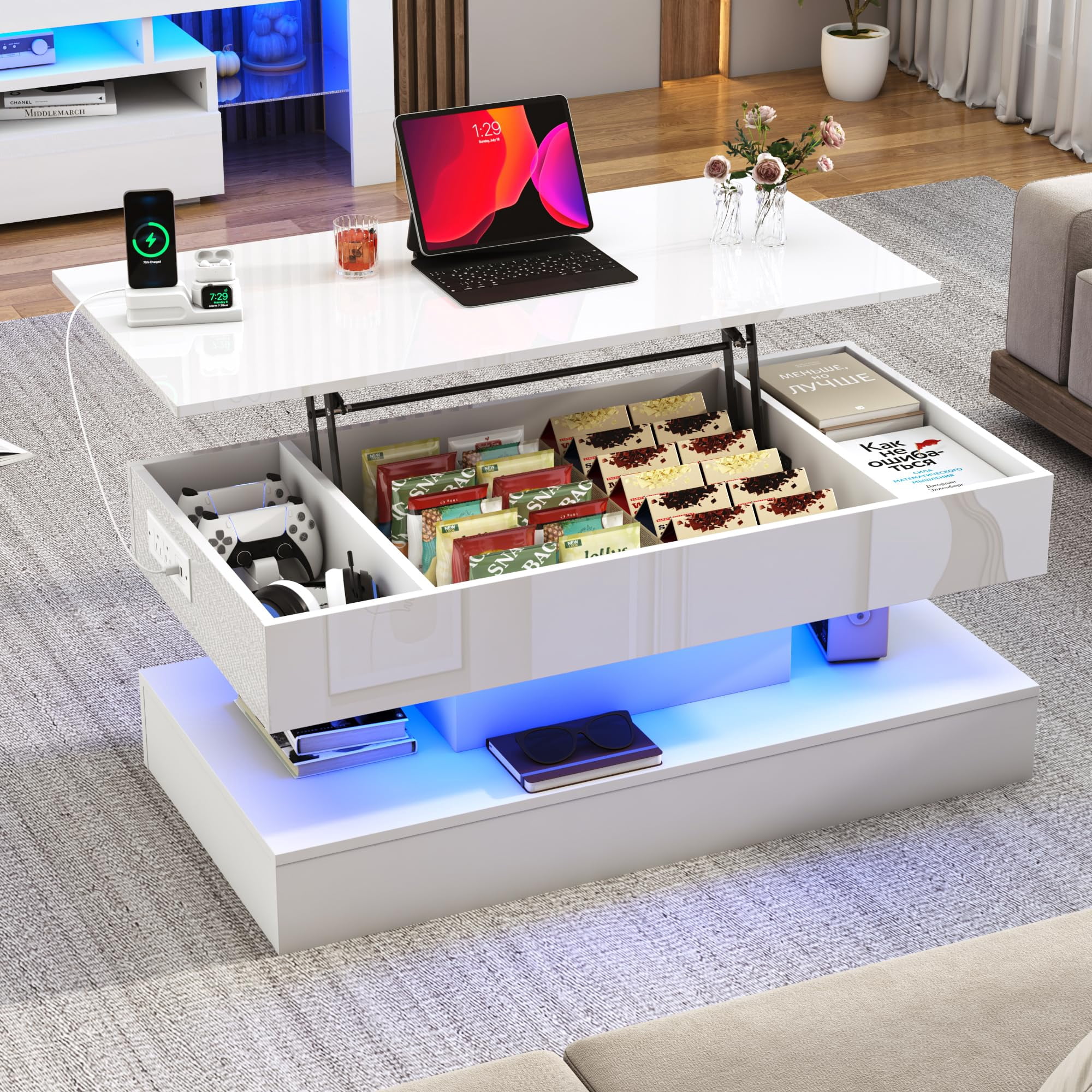 ChVans 39.4" Large Lift Top Coffee Table with Charging Station & LED Lights, Black High Glossy LED Coffee Table with Hidden Compartment Storage, Modern Living Room Tables