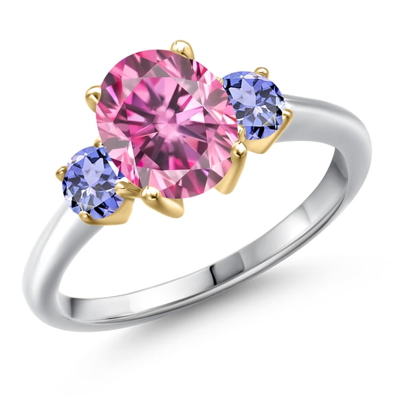 Gem Stone King 10K Two Tone Gold Pink Moissanite and Blue Tanzanite Engagement Ring for Women | 2.60 Cttw | Oval 9X7MM | Gemstone Birthstone | Size 7