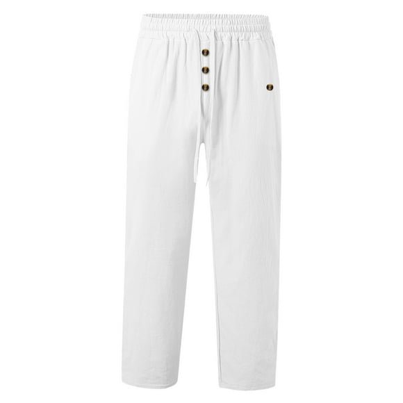 WEAIXIMIUNG White Dress Pants Men Slim Fit Men's Spring and Autumn Beach Pants Solid Color Cott On and Linen Loose Drawstring Button Casual Pants Men