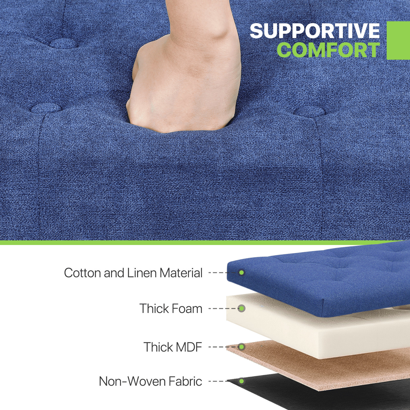 Magshion Foot Stool Ottoman with Padded Seat, Modern Cotton-linen Footrest, Rectangular Seat Stool, Navy Blue