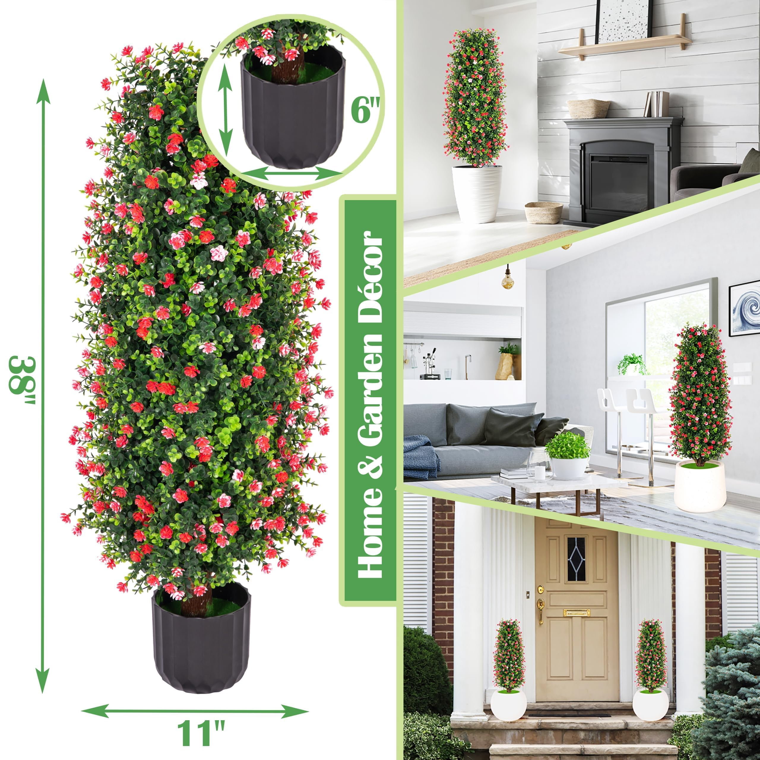 Bibana Artificial Rose Tree 3FT- Fake Floral Plant Tree in Pot- Decorative Topiary Plant - Cement Filled Potted Faux Flower Plant for Home Office Porch Decor Indoor Outdoor(set of 2)