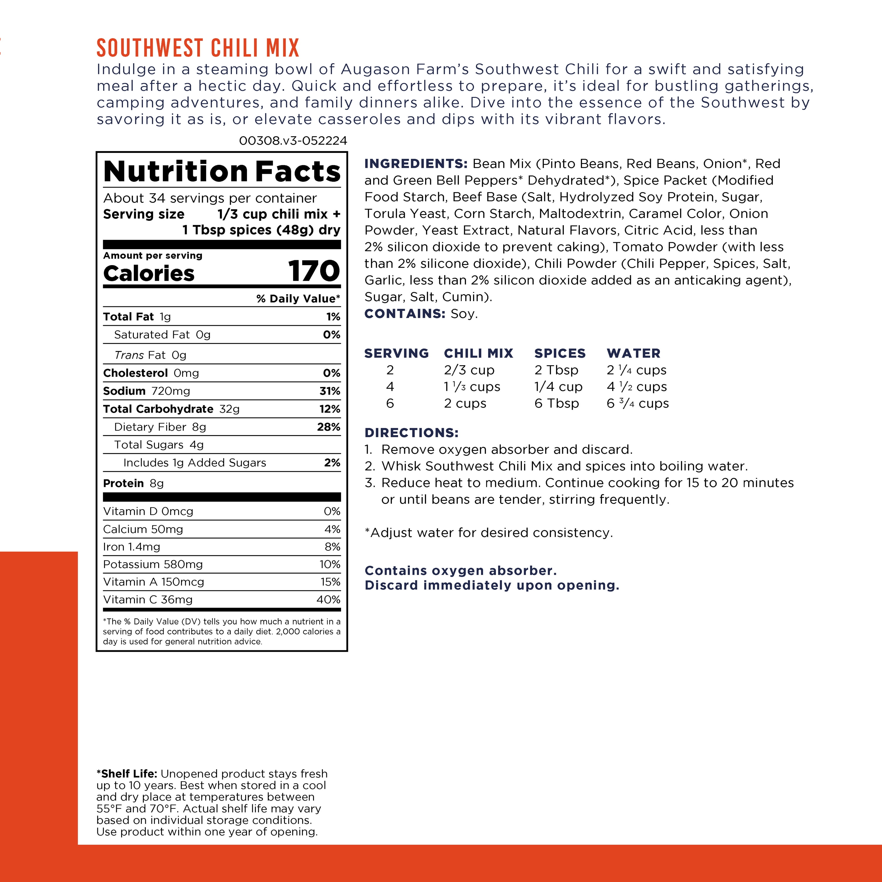 Southwest Chili Mix Emergency Food Supply, 34 Servings, 10 Year Shelf Life, 8 Grams of Protein per Serving, Certified Gluten Free - Dehydrated Meals, Survival Food Camping Essentials Can