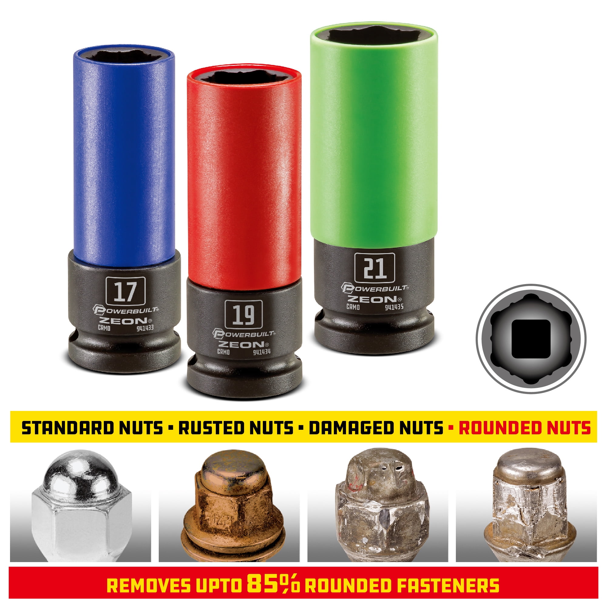 Powerbuilt 3 Piece Zeon Metric Lug Nut Socket Set for Damaged Lug Nuts - 240098