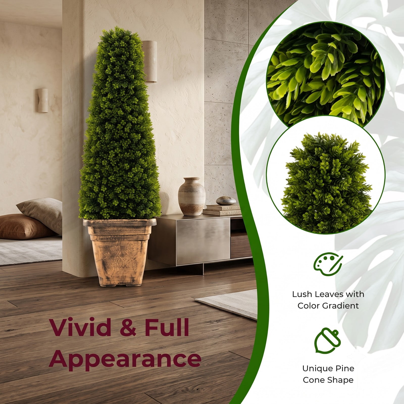 ALPULON 3 Feet Artificial Boxwood Topiary Tree with Cement Flowerpot, Faux Cone-Shaped Potted Plant for Indoor Outdoor Home Porch Office Decor, Green