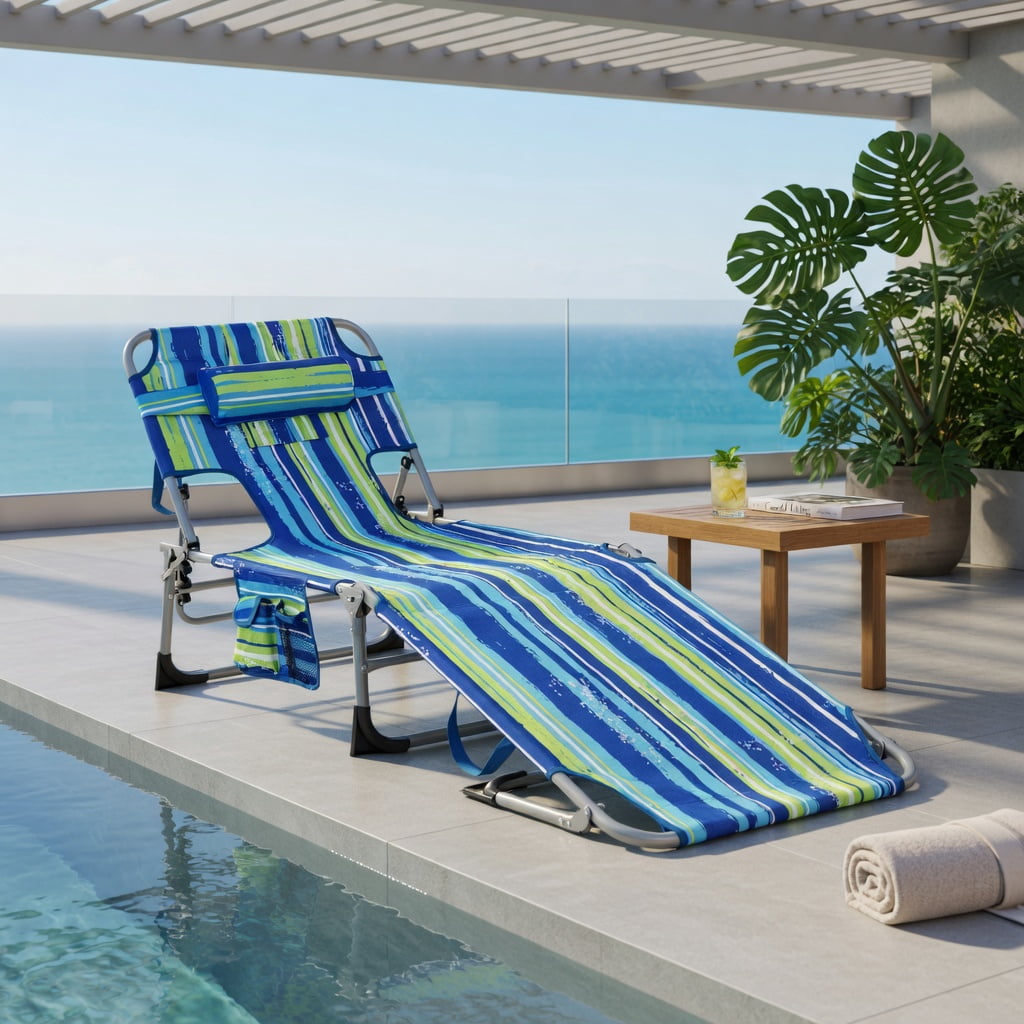 Hommoo Premium Foldable Beach Lounge Chair with Removable Pillow, Adjustable Reclining Outdoor Lounger for Beach, Pool & Patio, Blue