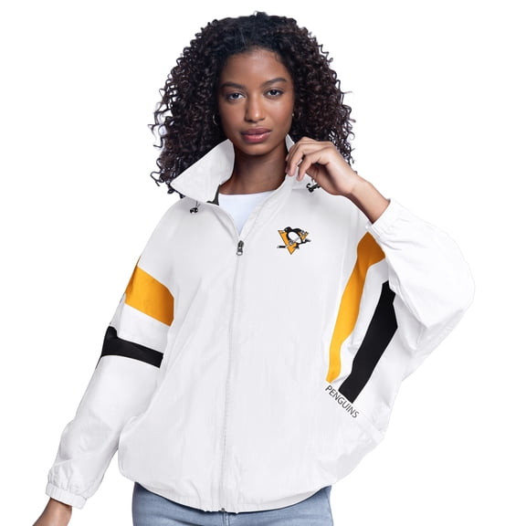 Women's-G-III Sports by Carl Banks  White Pittsburgh Penguins Game News Oversized Full-Zip Hoodie Jacket