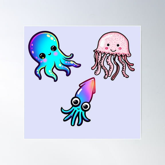 Octopus And Squid Sea Creatures Poster Wall Art, Modern Wall Decor For Living Room Bedroom, 17x17 UNFRAMED