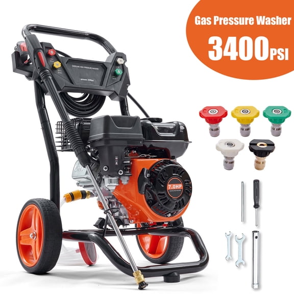 3400PSI Gas Pressure Washer w/26 ft High Pressure Hose, 210cc Engine 2.6GPM 5 Quick-Adjustable Nozzles for Cars Gardens