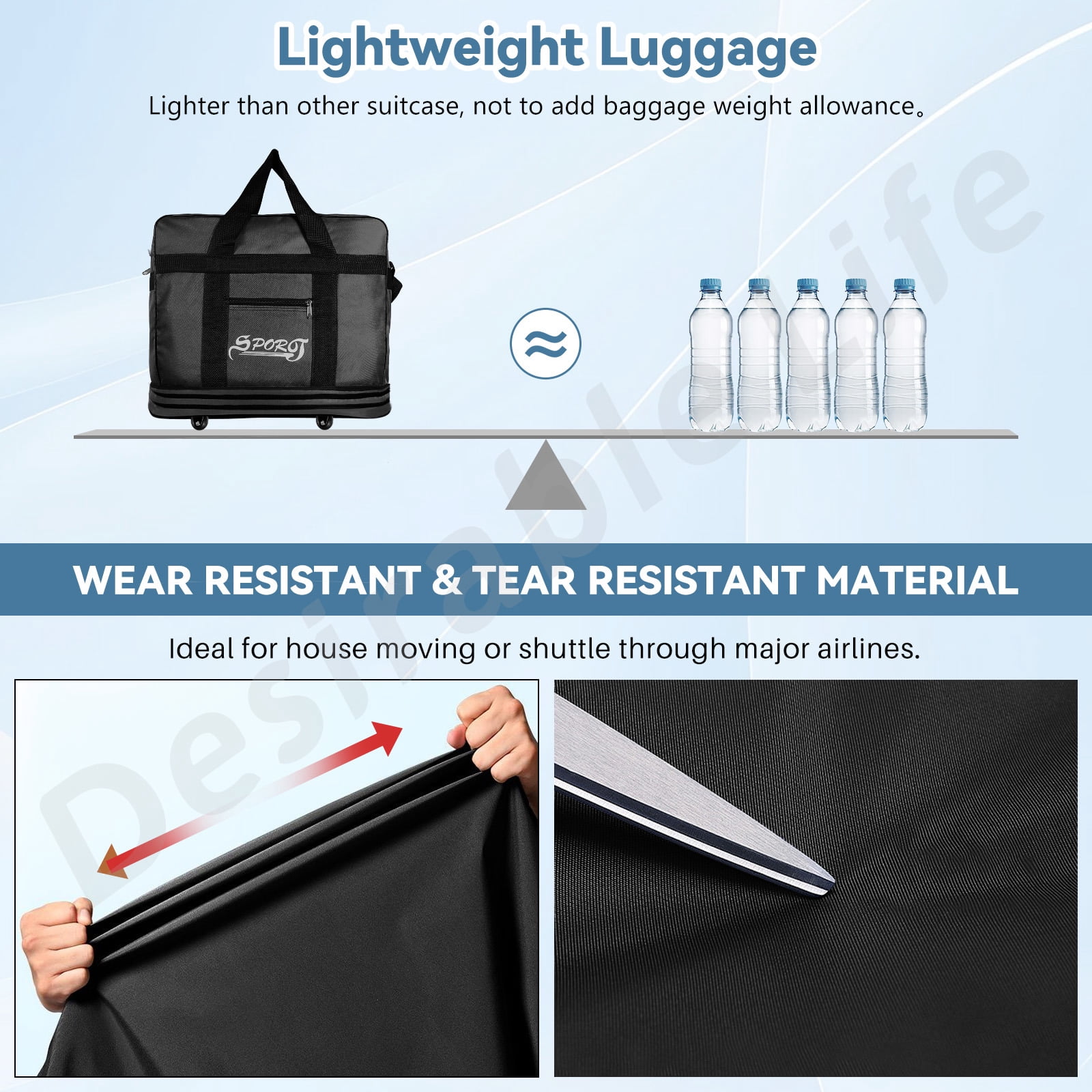 Desirable Life 34in 3 Layer Expandable Suitcase Bag Collapsible Rolling Wheeled Duffle Bag Large for Home Storage Cargo Travel Business Moving Luggage