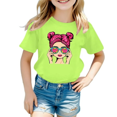 

Girls Cute Graphic Print Round Neck Short Sleeve Tee Summer Casual T Shirt