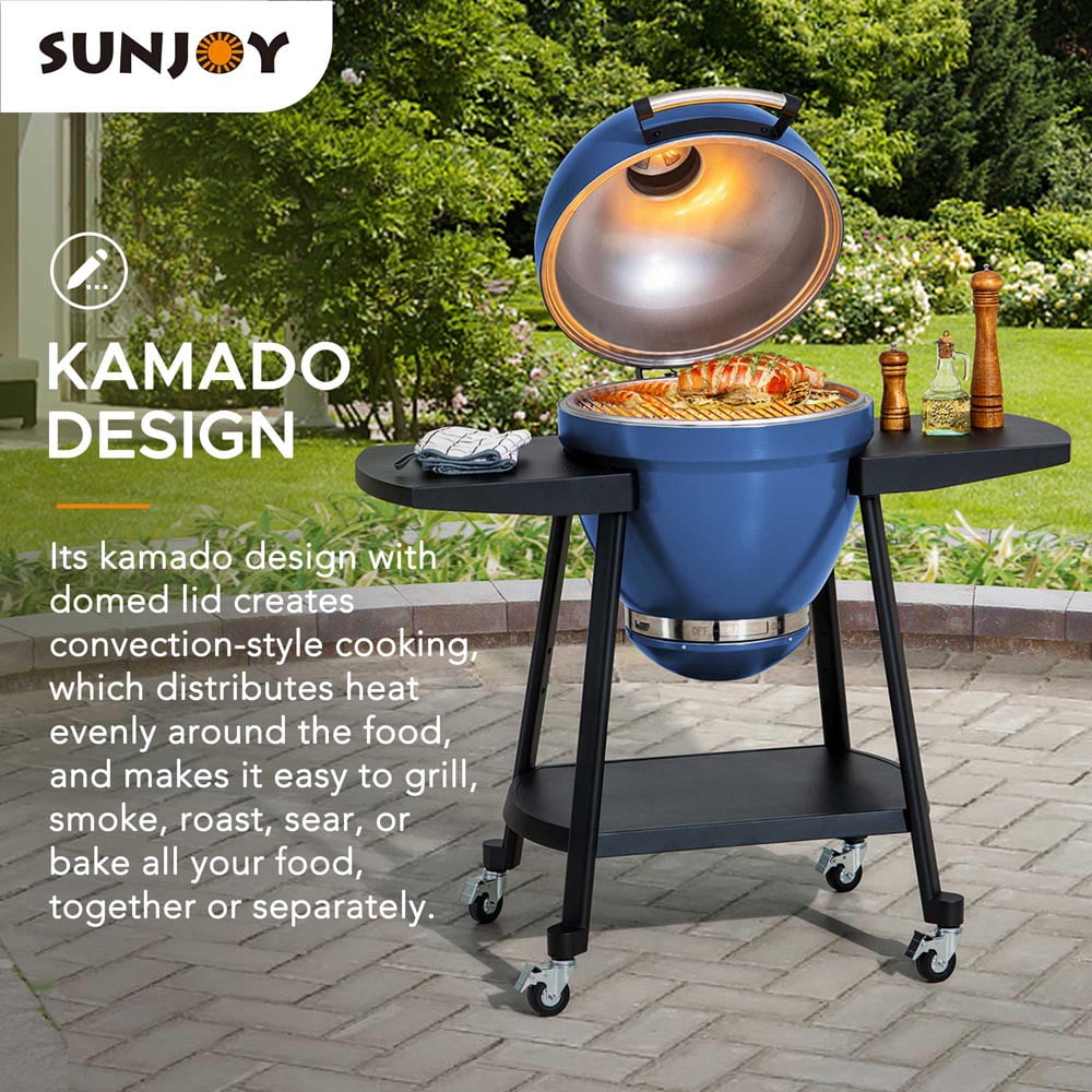 SUNJOY 20 inch Charcoal Grill, Egg-shaped Outdoor Grill with Pizza Stone, Ultimate BBQ Grill and Smoker with Wheels, Navy