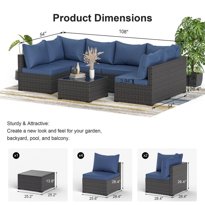 GOJOOASIS Patio Furniture Set, 7 Pieces Outdoor PE Rattan Couch with Glass Table All Weather Sectional Washable Cushion Blue
