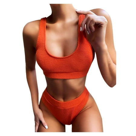 Savings Womens Bandeau Bikini Sets Sporty Crop Top High Waisted Swimwear Scoop Neck Solid Color Two Piece Bathing Suits