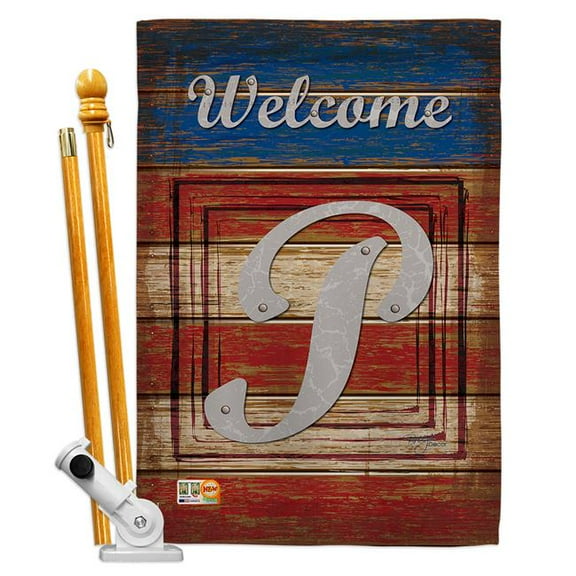 Breeze Decor BD-PA-HS-130120-IP-BO-D-US14-BD 28 x 40 in. Patriotic P Initial Americana Impressions Decorative Vertical Double Sided House Flag Set & Pole Bracket Hardware
