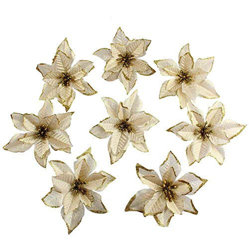 Set of 5 Gold and White Glitter Poinsettia artificial flowers Floral
