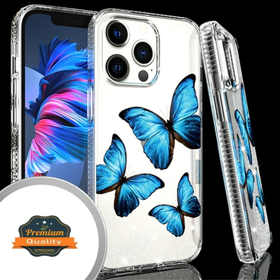 Xpression Case for Apple iPhone 13 Pro (6.1") Clear Fashion IMD Pattern Design Hard Back PC Hybrid Bumper Armor TPU Rubber Silicone Phone Cover [Butterflies]