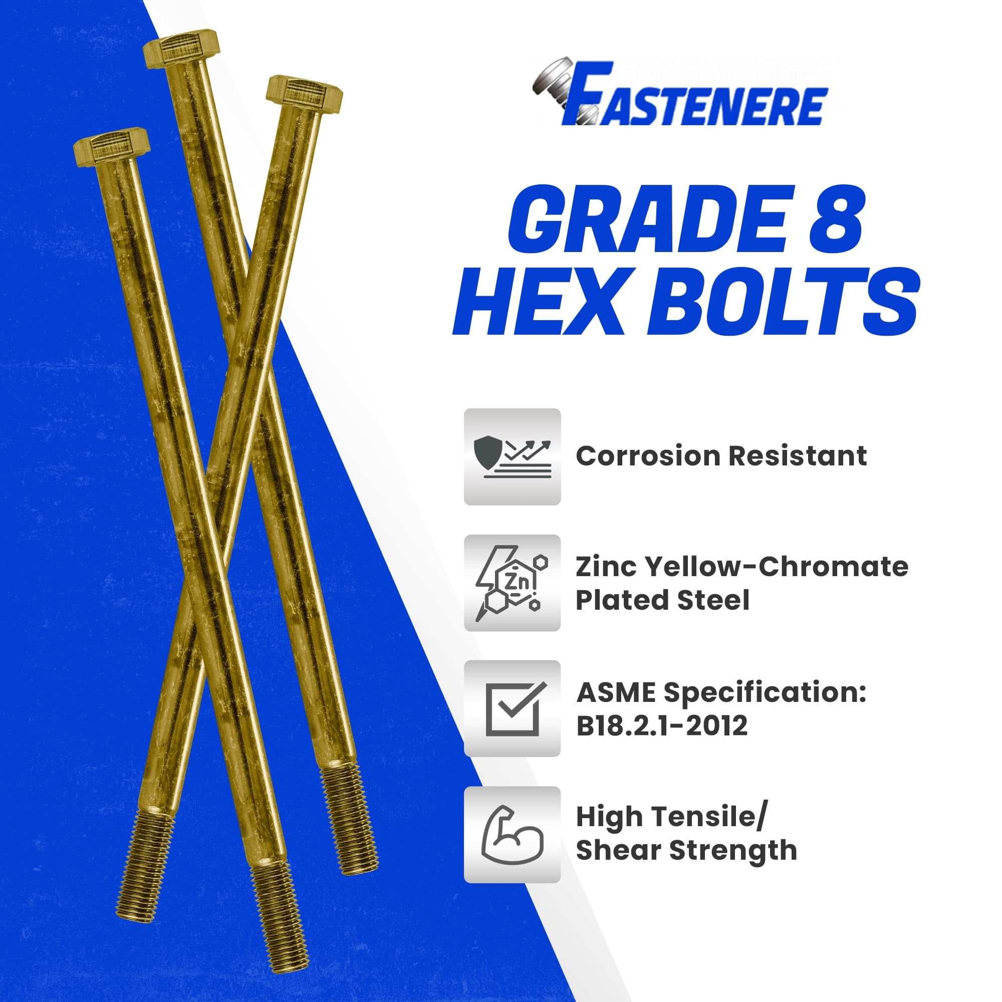 Fastenere 5/16"-24 x 7" Hex Bolts Grade 8 Zinc Yellow-Chromate Plated Steel, Partial Threaded Durable Hex Bolts for Machinery & Construction, Rust-Resistant, Heavy-Duty Fasteners, Pack of 10