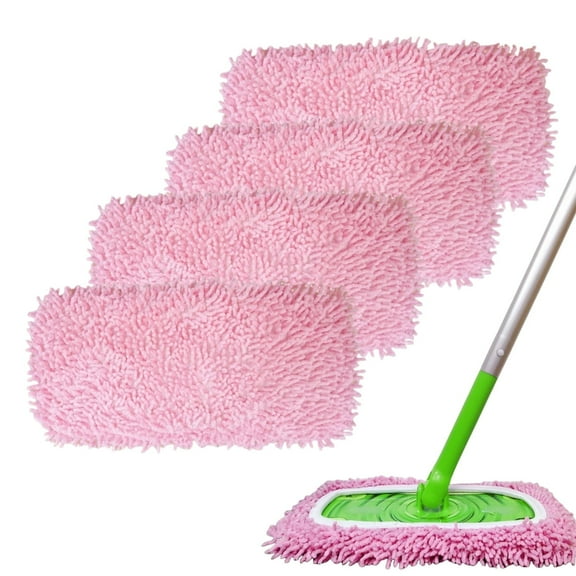 4 Pack Reusable Mop Pads Compatible with SwifferSweeper, Microfiber Chenille Washable Mopping Pads, Dry & Wet Sweeping Mopping Cloths (Pink, Not Included Mop)