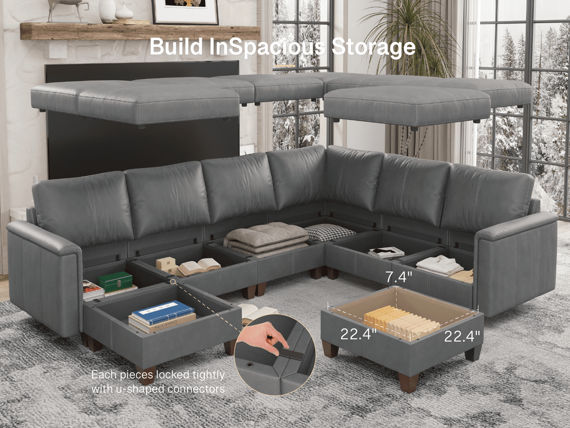 SITJOY 118" Faux Leather Modular Sectional Couches with Storage, Convertible 8 Seat U-Shaped Sectional Sofa with Ottoman for Living Room, Gray