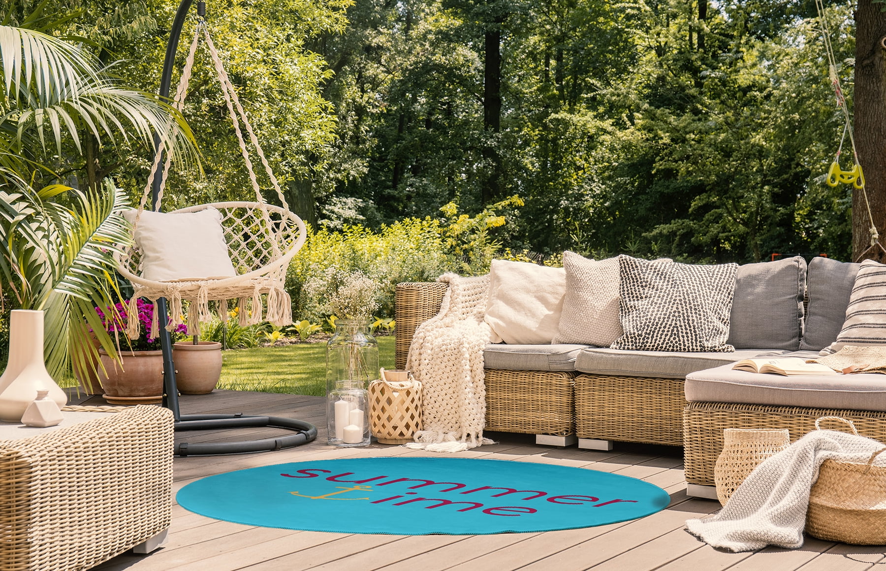 5' Round Simply Daisy Summer Time Anchored Beach Style Chenille Area Rug, Lipstick Pink