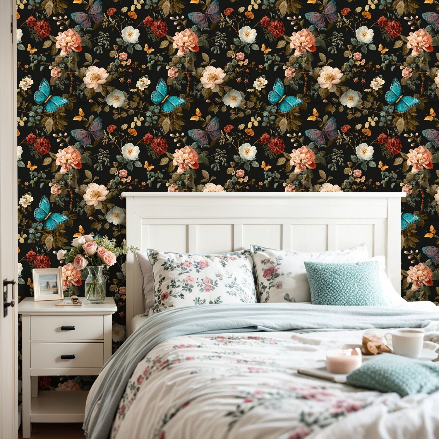 Peel and Stick Wallpaper Elegant Floral Butterfly Dark Vibrant Roses Colorful Butterflies 17.7in x 118in Contact Paper Removable Self Adhesive Wall Mural Wall Decor for Bedroom Kitchen Cabinets