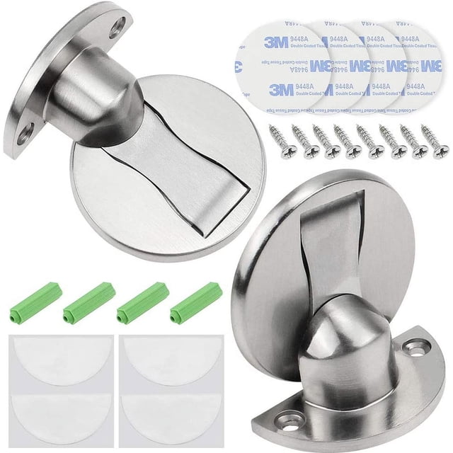 Tope de puerta magnético de 2 unidades, protector de pared de metal resistente, fijación al suelo, 5-12 mm, con adhesivo 3M y tornillos ocultos, color plateado