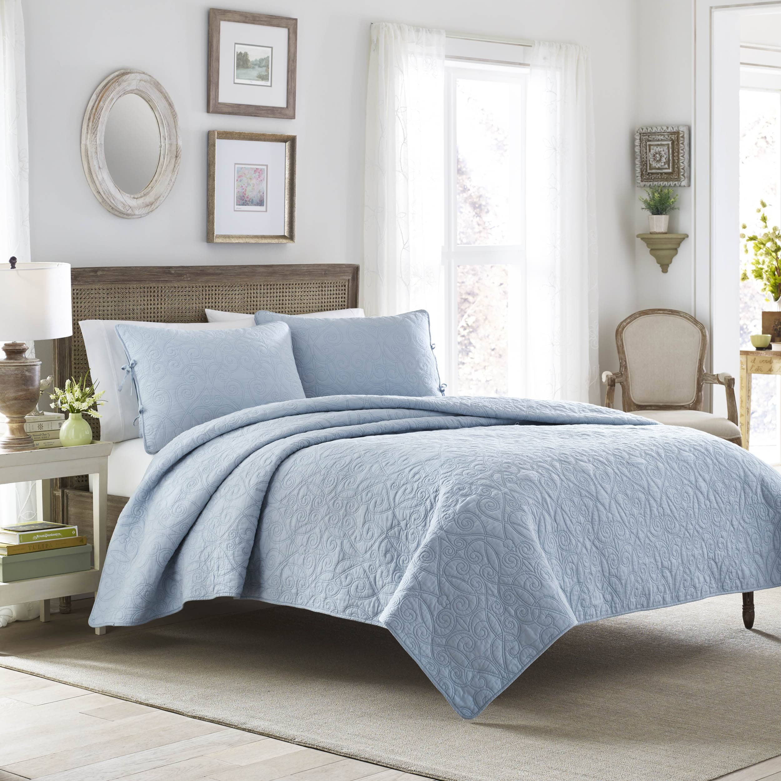 Laura Ashley Felicity Baby Blue Cotton 3piece Quilt Set