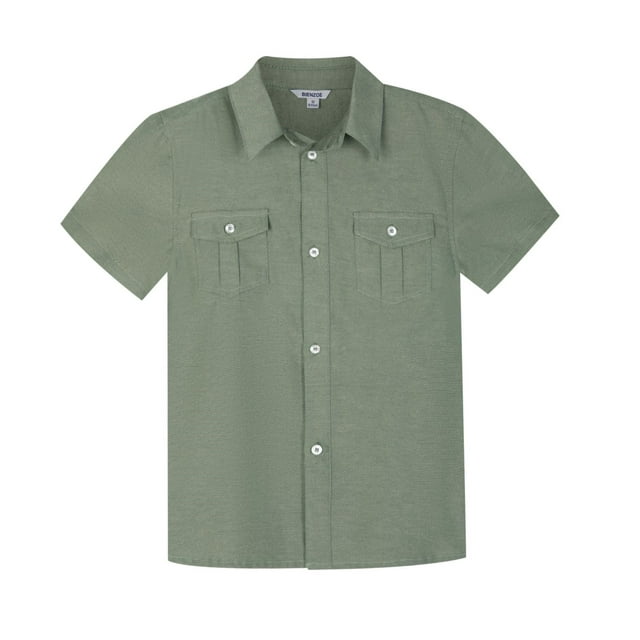 Bienzoe Boys Button Up Shirt: Short Sleeve Kids Dress Collared Shirts Two Pockets Olive 14