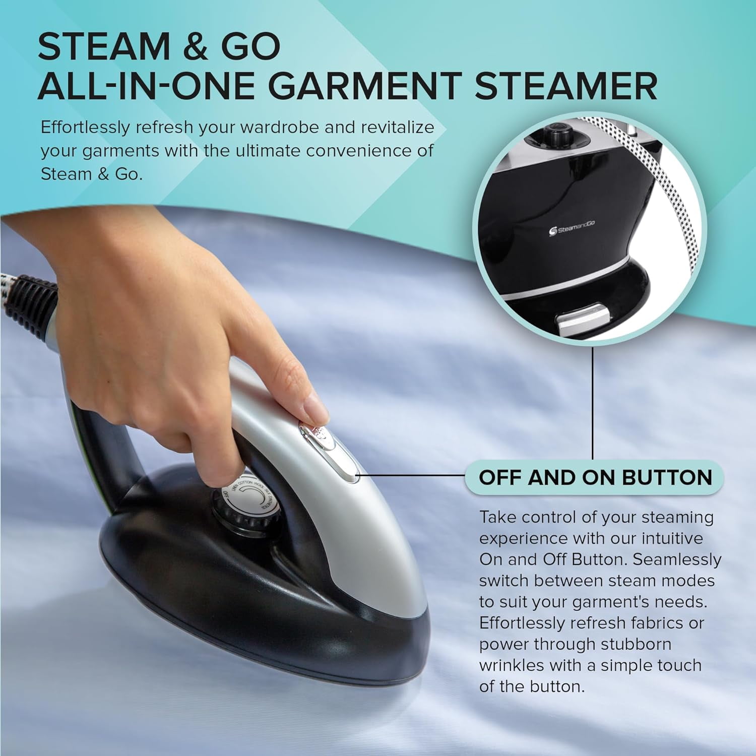 STEAM AND GO All-in-One Handheld Steam Iron for Clothes with Board and Hanger, Black