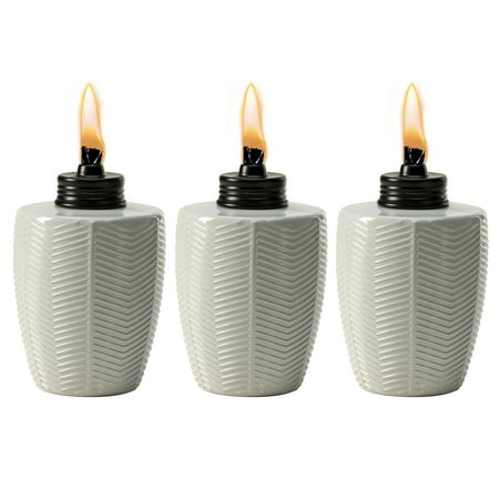 TIKI 3-Pack Glass Tabletop Torches – Herringbone Ivory, Decorative Outdoor Citronella Torches for Patio, Backyard & Garden, 5.75", Includes Wick & Snuffer, Portable Outdoor Lighting