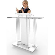 Floor Podium with Casters,Transparent Acrylic Podium Stand,White Clearly Rolling Reception Desk,Vertical Reading Platform,Used for Church School Podium, Church Podium
