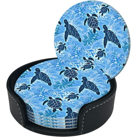 

Round Coaster Set of 6 with Holder Save-Sea-Turtle-Blue-Dreams Leather Coasters for Drinks