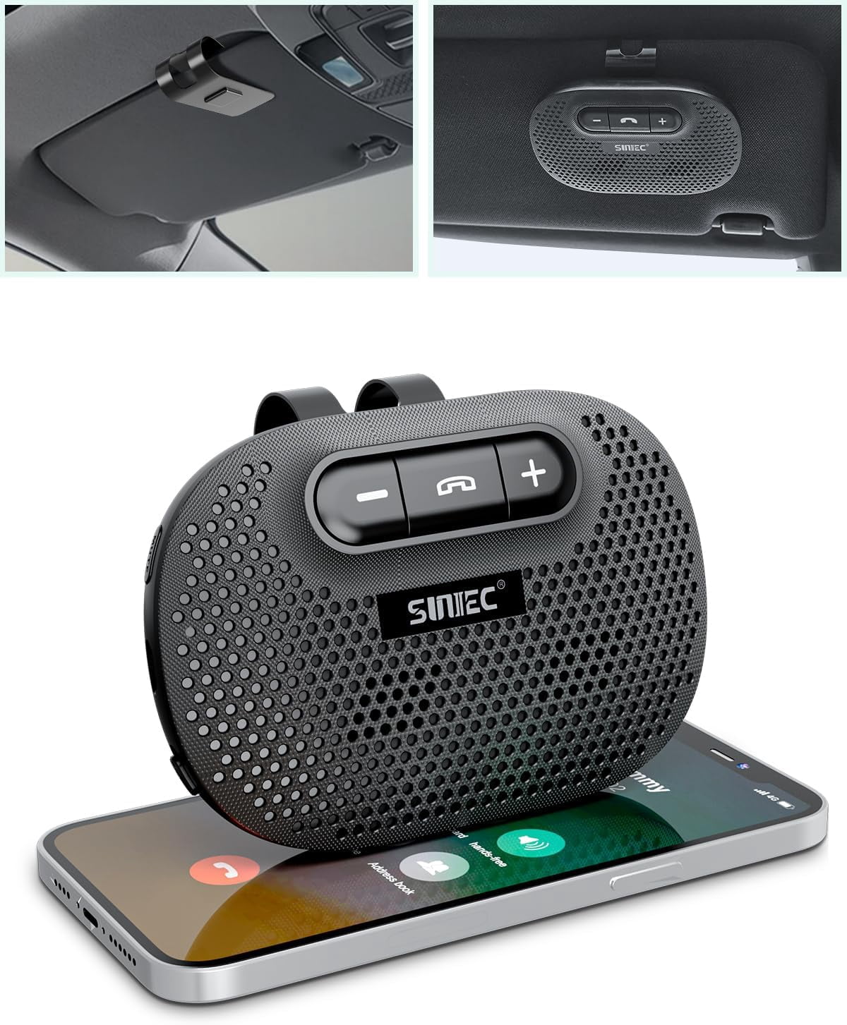 Sunitec Bluetooth Handsfree Car Speaker for Cell Phone with Visor Clip, Wireless Talking Kit, Noise Reduction, Black, BC966C